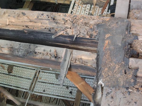1021029木構架表面焦黑為馬薩式屋頂木構架，應為當時在烘烤鋪設防水層所留下的痕跡。